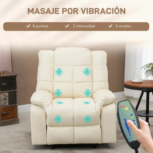 Sillón de Masaje Reclinable con 8 Puntos de Masaje Mando a Distancia Tapizado en PU Reposapiés Bolsillo Lateral Crema [3]