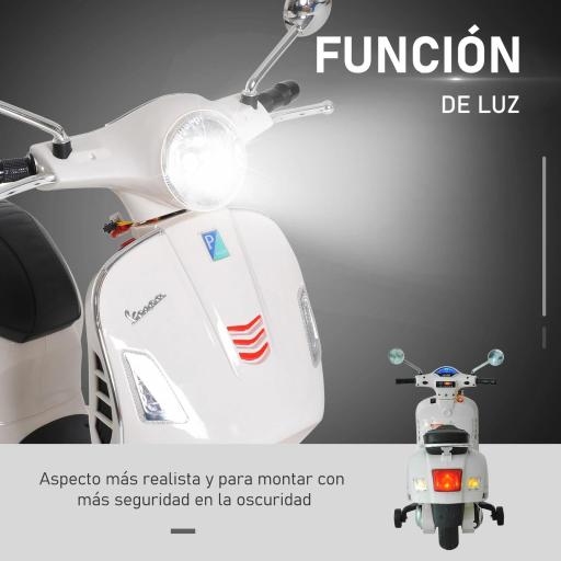 Moto Eléctrica para Niños de 3-6 Años con Licencia VESPA Moto de Batería para Niños con Música Velocidad 2-3 km/h y Bocina Carga 25 kg Blanco [2]
