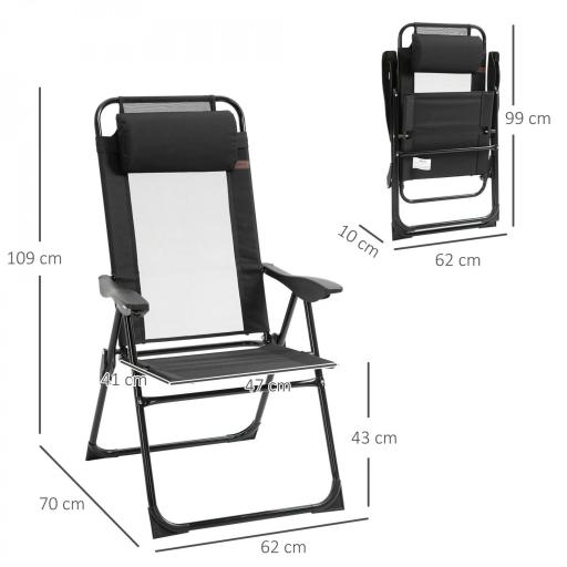 Conjunto de 2 Sillas de Camping Plegables con Reposacabezas Desmontable y Respaldo Reclinable 62x70x109 cm Negro [1]
