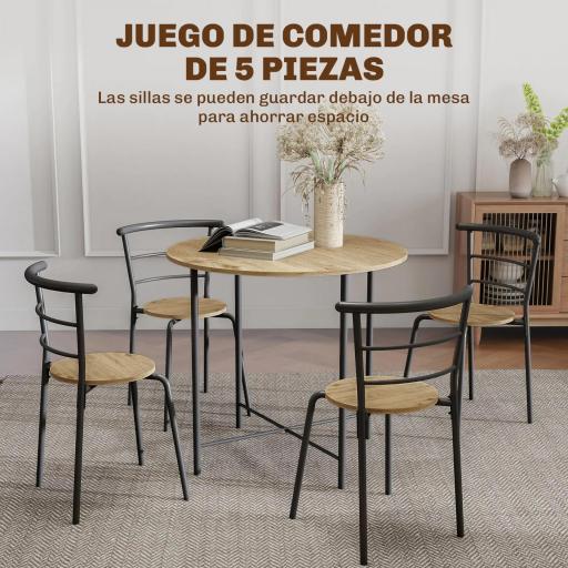 Juego de Mesa y 4 Sillas de Comedor Redonda Estilo Industrial Marco Metálico para Espacios Pequeños Salón Natural [2]