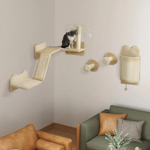 Rascador de Pared para Gatos de 4 Piezas con Postes de Sisal Plataforma para Saltar Bola de Juguete Beige
