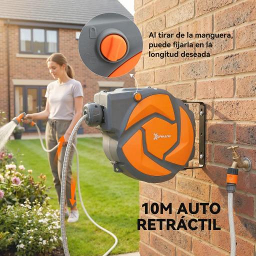 Manguera Retráctil de Pared con Carrete de 10+1 m con Retorno Enrollado Automático y Boquilla de 7 Funciones Gira 180° [6]