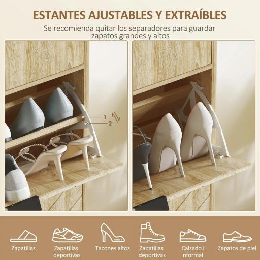 Zapatero Estrecho con 2 Puertas Cajón y Estantes Ajustables para 8 Pares de Zapatos 60x24x105,5 cm Roble [4]
