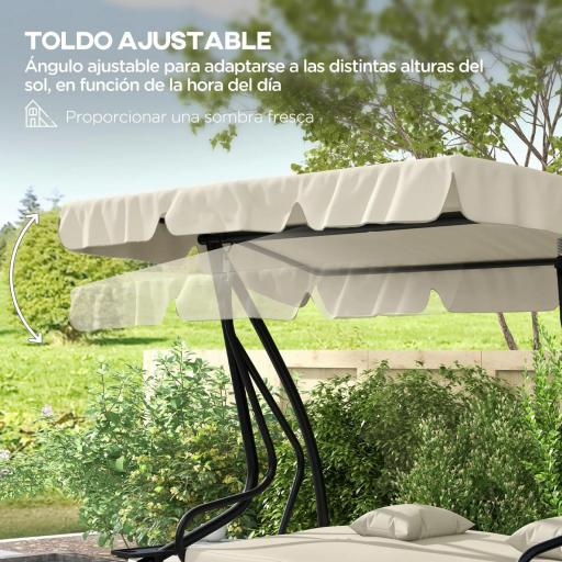 Balancín de Jardín Exterior de 3 Plazas Convertible en Cama con Toldo Ajustable y 2 Almohadas Carga 340 kg Crema [3]