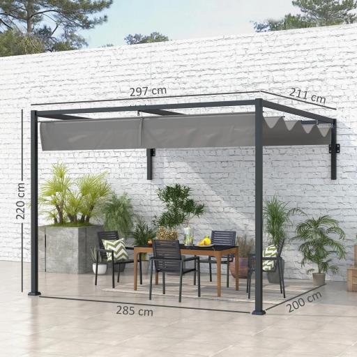 Pérgola de Jardín de Pared 297x211x220 cm Cenador con Techo Retráctil y Marco de Acero para Patio Terraza Gris Oscuro [1]