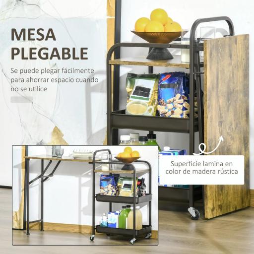 Carro de Cocina con Ruedas Carrito Auxiliar con Estantes de 3 Niveles Hoja Abatible y 2 Portavasos Multiusos para Comedor 118x36,5x82 cm Marrón Rústico [2]