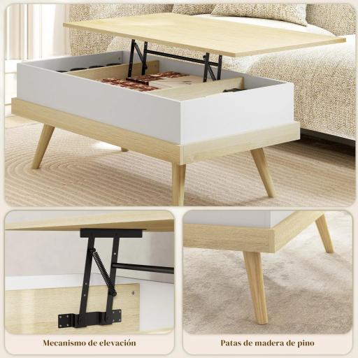 Mesa de Centro Elevable con 3 Compartimientos de Almacenaje Ocultos y Patas de Madera 100x79x54 cm Natural y Blanco [6]