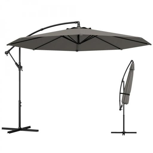Parasol Excéntrico Ø300 cm con Base Cruzada Toldo Ajustable y Manivela UPF30+ para Terraza Patio Gris [9]