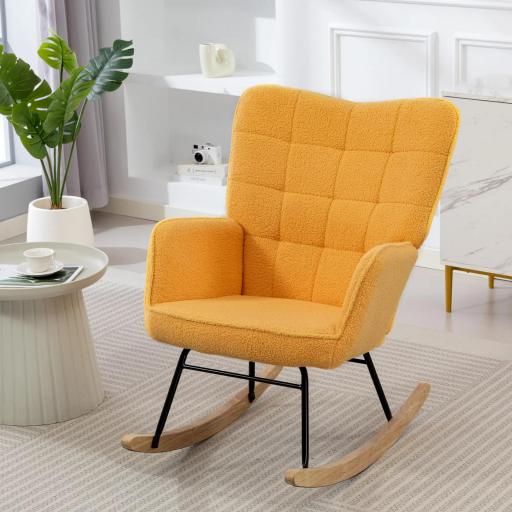 Silla Mecedora de Borreguito Sillón Balancín Oscilante 40° con Patas de Madera de Haya Carga 120 kg 71x98x101cm Amarillo