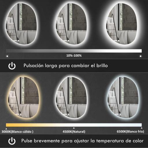 Espejo de Baño con Luz LED 70x50 cm 3 Colores de Luz Brillo Regulable Función Antivaho Función de Memoria IP44 [5]