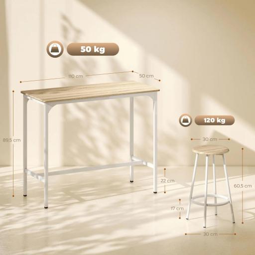 Set de Mesa de Bar y 4 Taburetes Estilo Industrial Marco de Metal para Cocina Salón Natural y Blanco [1]