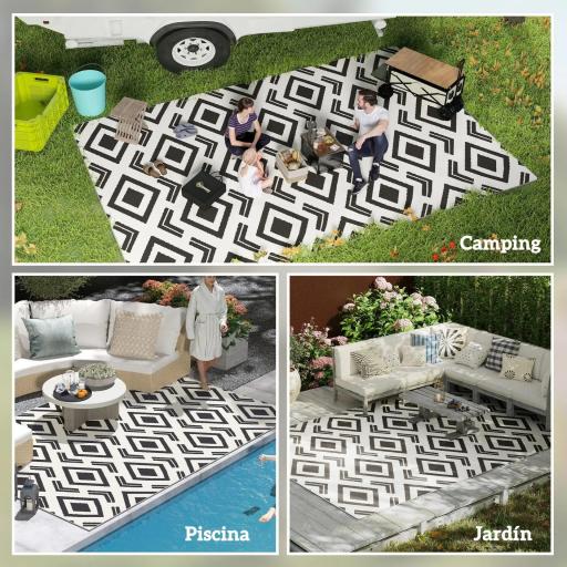 Alfombra de Exterior Reversible 182x274 cm con Patrón Geométrico Impermeable con Bolsa Blanco y Negro [3]