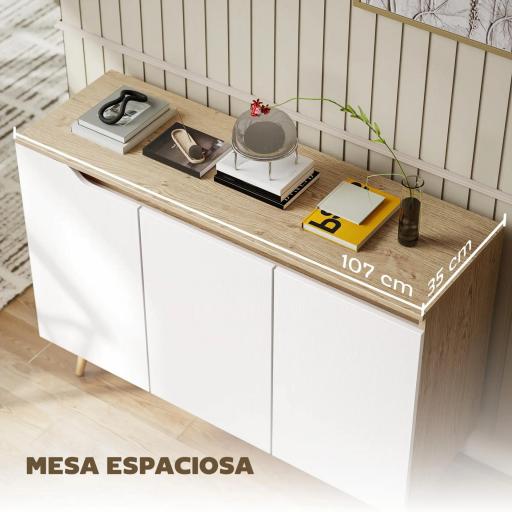 Aparador de Salón con 3 Puertas Estantes Ajustables Patas de Madera para Cocina Entrada 107x35x76,5 cm Roble y Blanco [8]