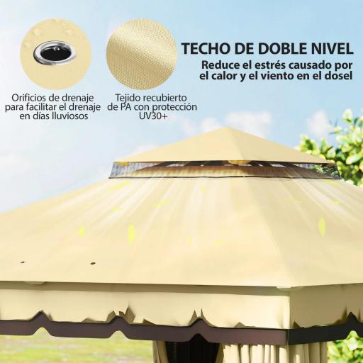Cenador de Jardín 3,7x3 m con Doble Techo 4 Cortinas y Mosquitera Marco de Acero Orificios de Drenaje UV30+ Beige [2]