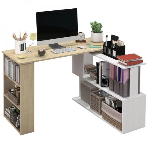 Escritorio en L con Estantería Mesa de Escritorio con Estantes para Oficina Estudio 120x110x74,5 cm Natural y Blanco [8]