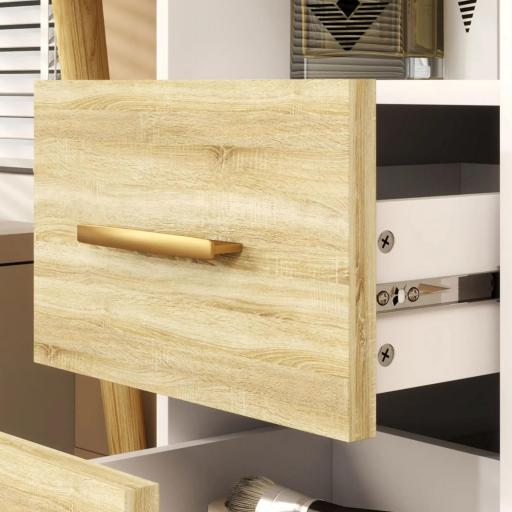 Tocador con Espejo y Luces LED Ajustables con 5 Cajones 4 Compartimentos y 1 Estante 100x44x137 cm Blanco y Natural [7]