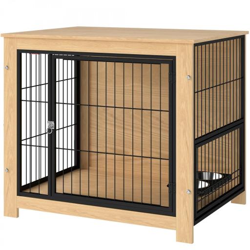 Jaula para Perros Mesa Auxiliar Moderna con 2 Puertas Soporte Giratorio con 2 Tazones 80x60x68 cm Roble [8]