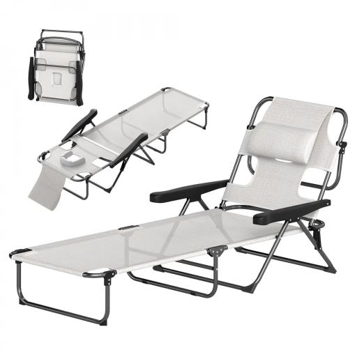 Tumbona de Jardín Plegable con Respaldo Ajustable en 4 Niveles Orificio de Lectura y Reposacabezas 145x72x89 cm Crema [8]