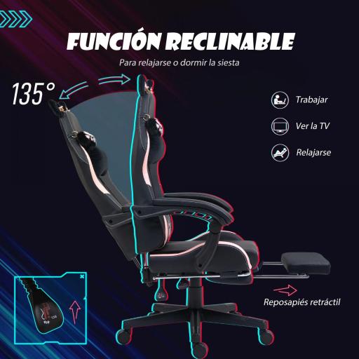 Silla Gamer Reclinable con Altura Ajustable Reposapiés Retráctil Soporte Lumbar y Reposacabezas Desmontable Negro [5]