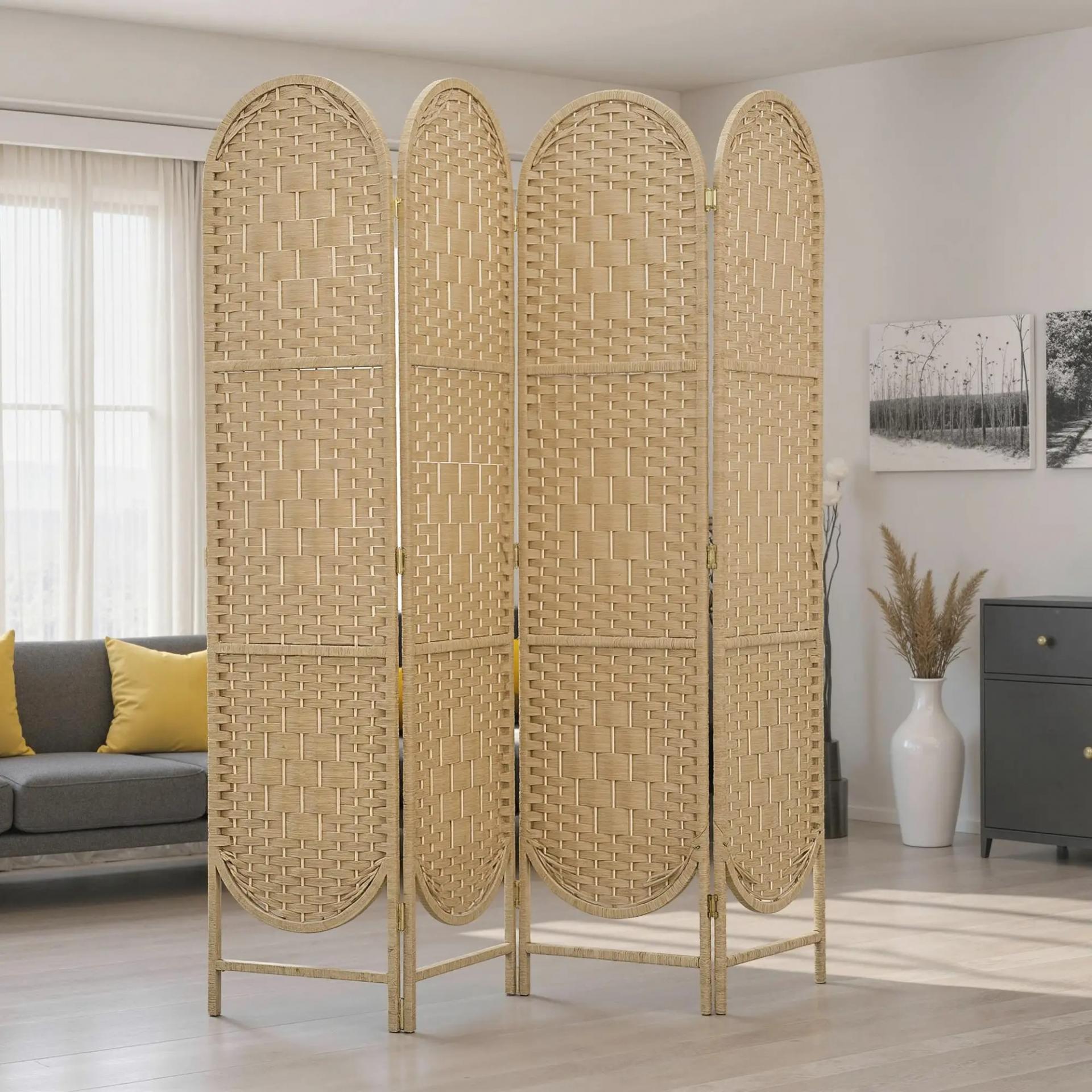 Biombo Separador de Ambientes 4 Paneles 160x170 cm con Parte Superior Arqueada Tejido a Mano Divisor Plegable Natural