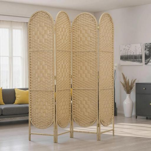 Biombo Separador de Ambientes 4 Paneles 160x170 cm con Parte Superior Arqueada Tejido a Mano Divisor Plegable Natural