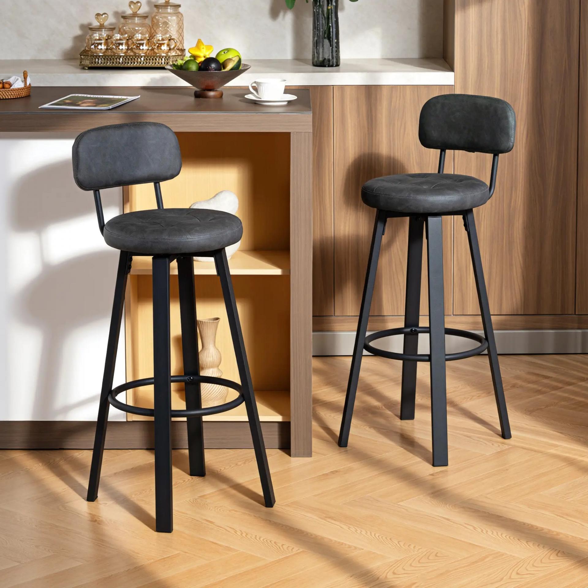 Juego de 2 Taburetes Altos de Cocina Giratorios Tapizados de PU con Respaldo Marco de Metal Reposapiés Gris Oscuro
