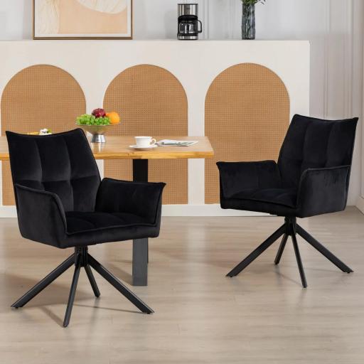 Pack de 2 Sillas de Comedor Giratorias con Reposabrazos Respaldo Acolchado Tapizado en Terciopelo Patas de Acero Negro