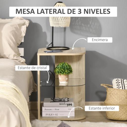 Mesita Auxiliar de Salón Moderna Mesilla de Noche con 3 Estantes Tablero de Cristal Mesita de Café para Sala de Estar Dormitorio 40x40x56 cm Madera Natural [2]