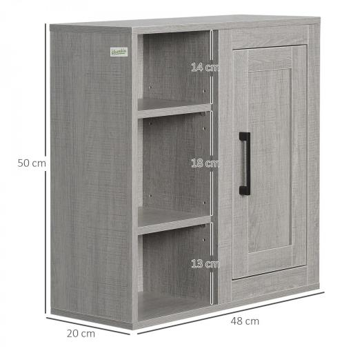 Armario de Baño de Pared con 3 Estantes Abiertos y 1 Puerta Mueble Auxiliar Suspendido Moderno 48x20x50 cm Gris [1]
