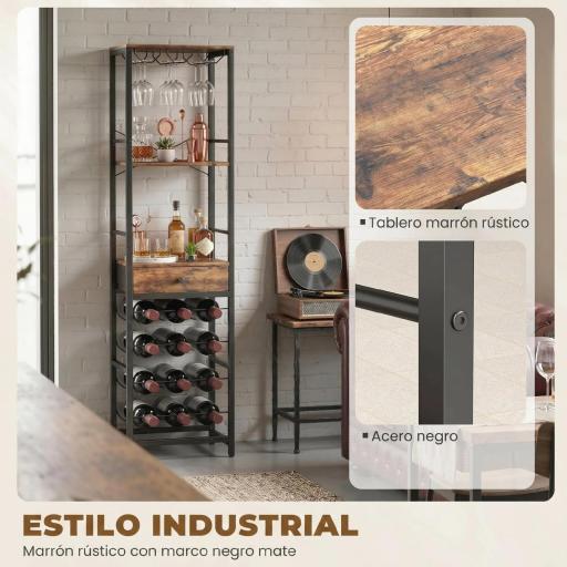 Mueble de Bar para Vinos con Soporte de Copas y Cajón Botellero para 12 Botellas con Estante Abierto Marrón Rústico [4]