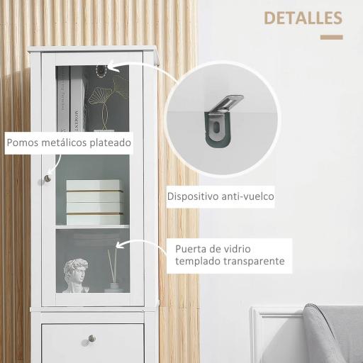 Armario Alto para Baño Mueble Columna de Baño con Puerta de Cristal Estantes Ajustables y 2 Cajones 43x35x160 cm Blanco [4]