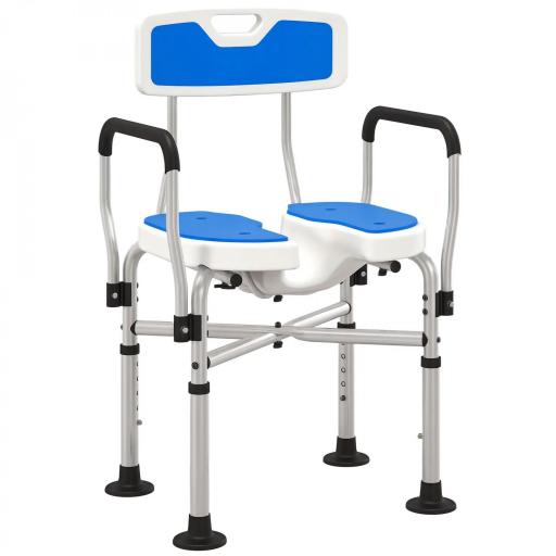 Silla de Ducha con Asiento Ranurado Altura Regulable Antideslizante Respaldo y Reposabrazos Carga 136 kg Azul [8]