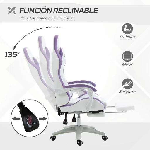 Silla Gaming Silla Gamer de Cuero PU Altura Ajustable Reclinable 135° Reposacabezas y Reposapiés 65x65x121-129 cm Blanco [2]