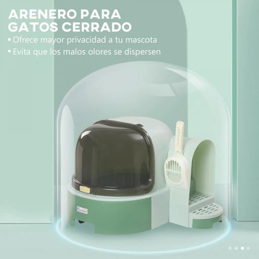 Arenero para Gatos en Forma de Cápsula Espacial con 2 Bandejas Extraíbles y Pala 52x60x42 cm Verde [3]