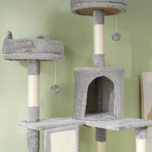 Árbol Rascador para Gatos Grande Altura 206 cm con Múltiples Niveles Cuevas Bolas Colgantes y Hamacas Gris [7]