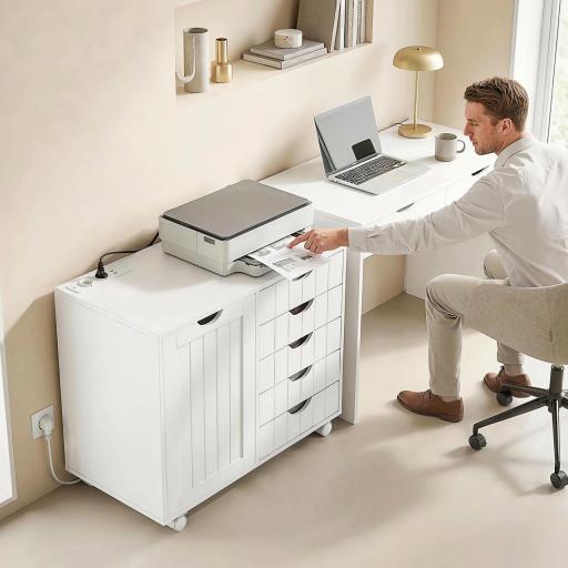 Mueble para Impresora con Estación de Carga y Ruedas 5 Cajones Puertos USB Estante Ajustable Blanco [7]