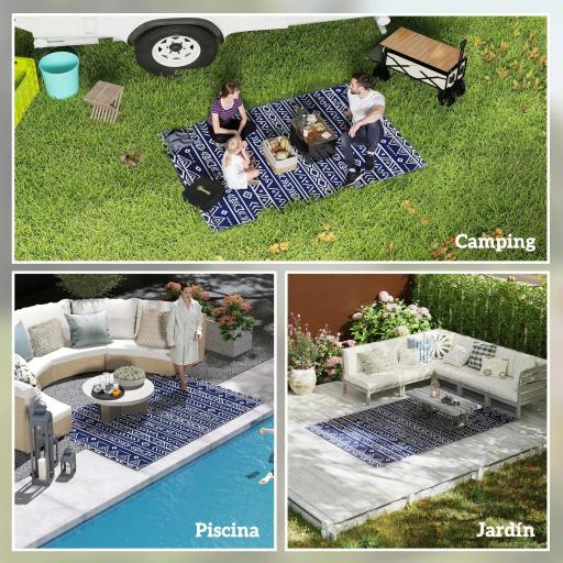 Alfombra de Exterior Reversible 182x274 cm con Patrón Geométrico de Cenefa Impermeable con Bolsa Azul y Blanco [7]