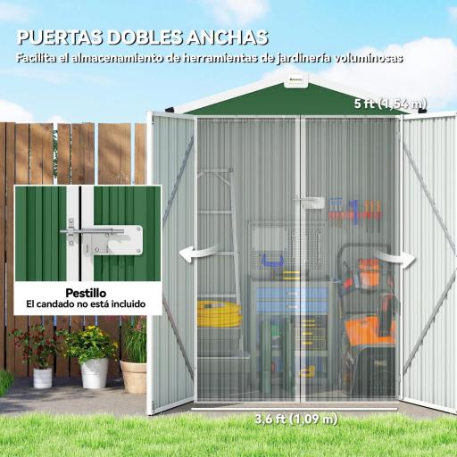 Cobertizo de Jardín Exterior 1,1 m² 133x87x178 cm con 2 Puertas Correderas Techo Inclinado y Guantes Verde [3]