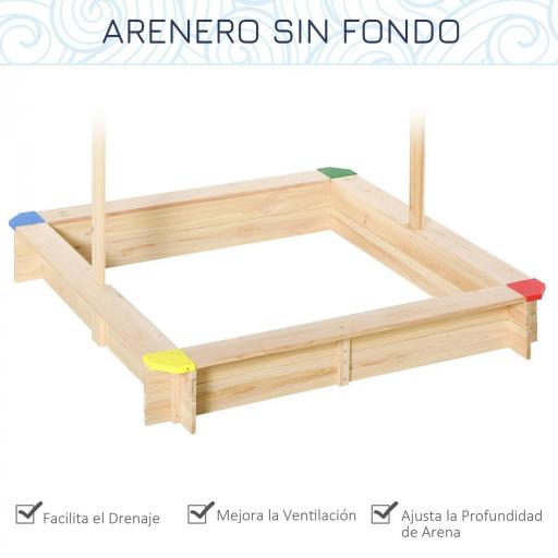 Arenero de Madera para Niños con Techo Cajón de Arena Toldo Ajustable Espacioso 120x120x120 cm para Jardín Exterior al Aire Libre Color Madera Natural [5]