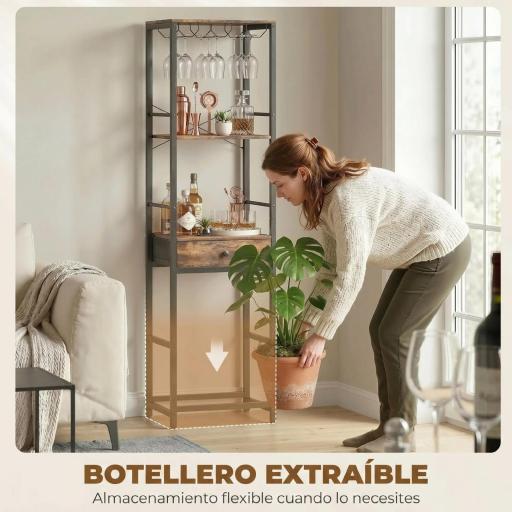Mueble de Bar para Vinos con Soporte de Copas y Cajón Botellero para 12 Botellas con Estante Abierto Marrón Rústico [5]