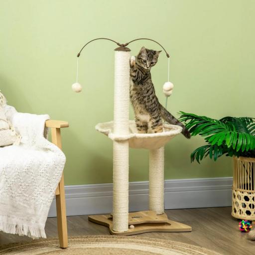 Árbol Rascador para Gatos con Hamaca Postes de Sisal Bolas Colgantes y Múltiples Juegos 53,5x53,5x90 cm Beige