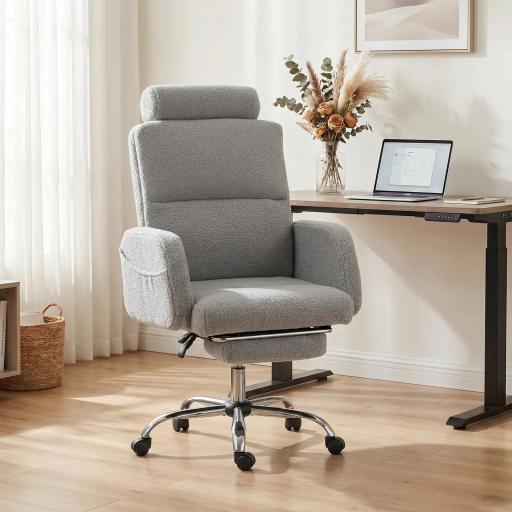Silla de Escritorio con Reposapiés Tapizada en Borreguito con Respaldo Reclinable Reposacabezas Ajustable Gris Claro [0]