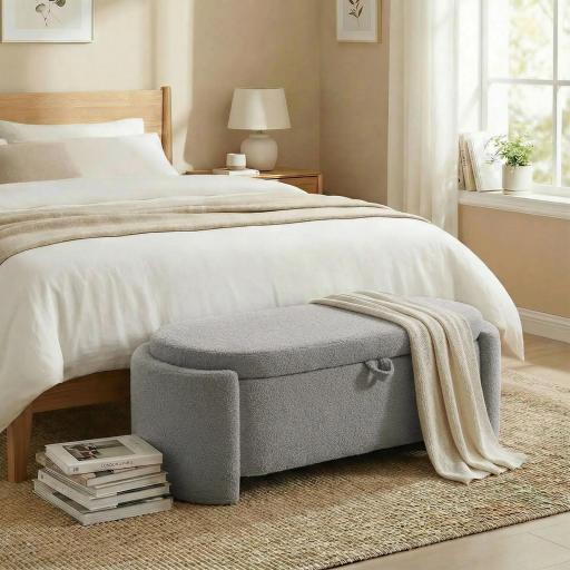 Puff Almacenaje Banco Almacenaje Ovalado 129x48,5x44 cm Tapizado en Terciopelo de Teddy Carga 200 kg Gris Claro