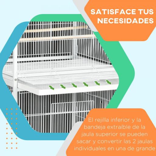 Jaula para Pájaros Grande de 2 Pisos Convertible en Sola Jaula con Ruedas Comederos 4 Perchas 78x75x168 cm Blanco [4]