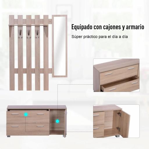 Conjunto de Recibidor de Entrada con Espejo Perchero Zapatero 3 Ganchos Estante y 2 Cajones para Pasillo Roble [4]