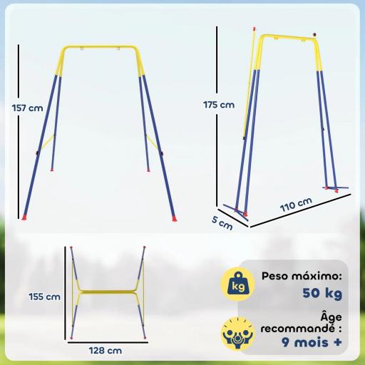 Estructura de Columpio Infantil Plegable con 2 Ganchos 4 Estacas Resistente para 50 kg Forma A 128x155x157 cm Azul [1]