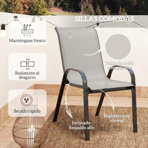 Conjunto de Jardín de 3 Piezas con Mesa Redonda Encimera de Vidrio y Sillas Apilables para Exteriores Gris Claro [2]