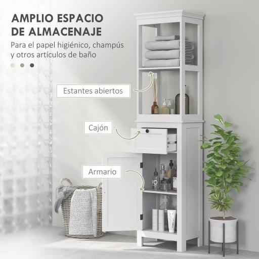 Mueble de Baño con Cajón Puerta Estante Ajustable y 2 Compartimientos Armario de Baño Moderno 40x30x165 cm Blanco [4]