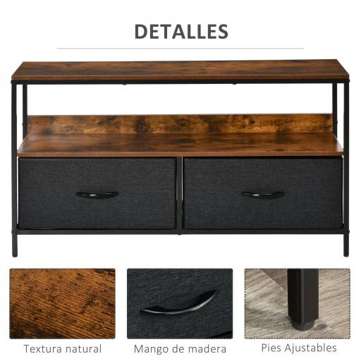 Mueble de TV, Mesa de TV con Estante y 2 Cajones de Tela Plegables, para Televisores hasta 47 Pulgadas, Largo de 98 cm, para Salón, Dormitorio, Marrón Rústico y Negro [5]