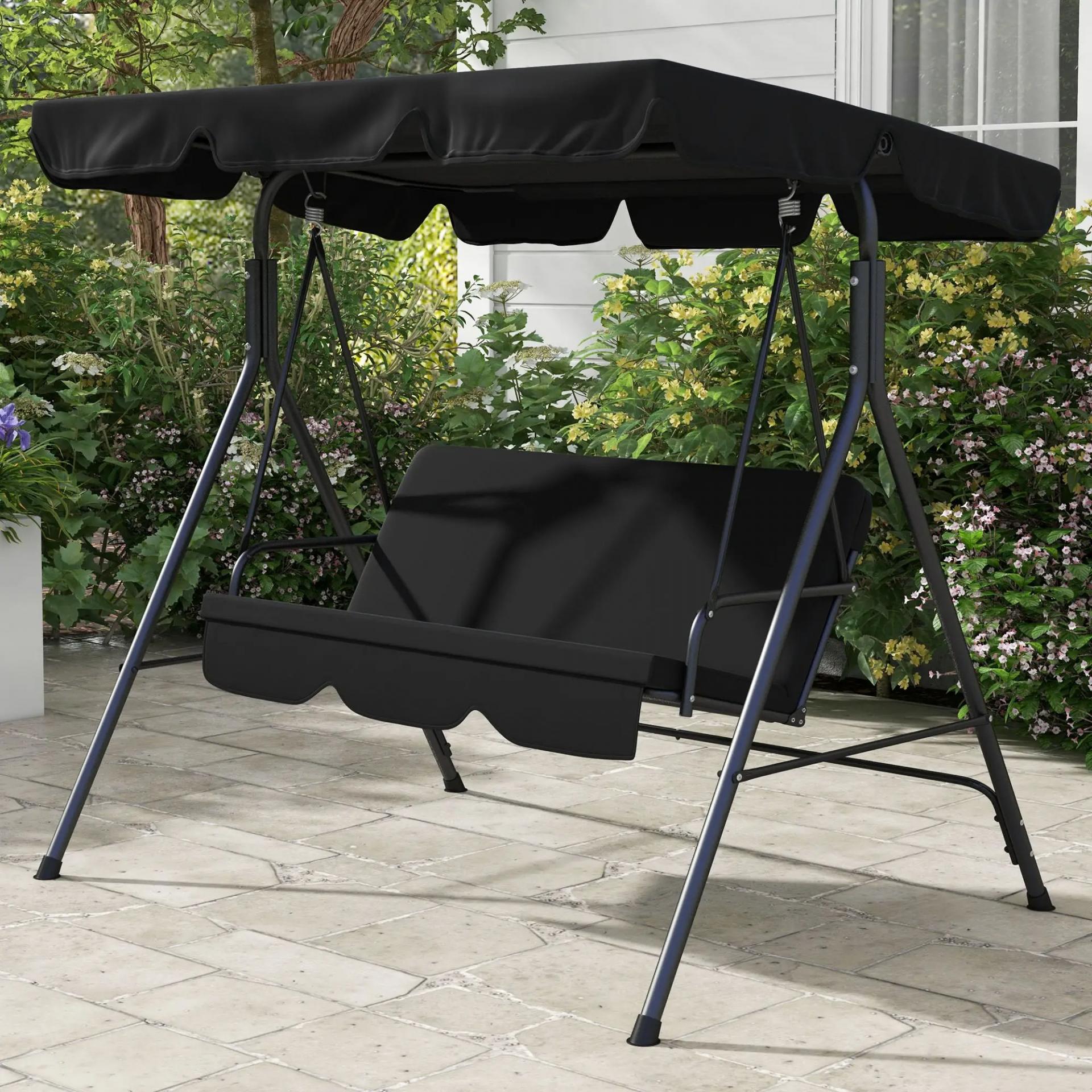 Balancín de Jardín Exterior Columpio de 3 Plazas con Toldo Ajustable y Marco de Acero para Terraza 172x110x153 cm Negro